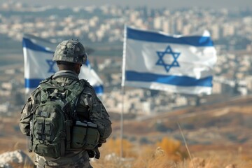 Fototapeta premium Israeli Soldier Overlooking City with Flags