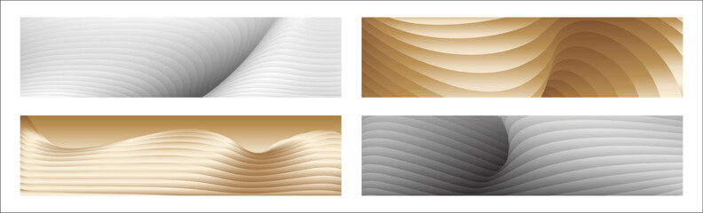 Wavy golden parallel gradient lines, ribbons, silk. Golden with shades of yellow background, banner, poster. Set of 4 backgrounds. Eps vector