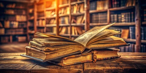 Open Antique Book on Wooden Table in Library Setting