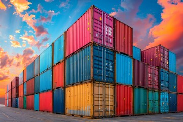 Fototapeta premium Stacked Shipping Containers at Sunset