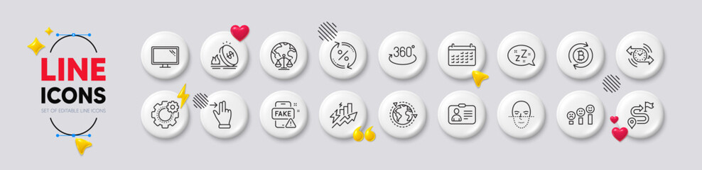 Sleep, Refresh bitcoin and Consumption growth line icons. White buttons 3d icons. Pack of Loan percent, Face recognition, Magistrates court icon. Vector