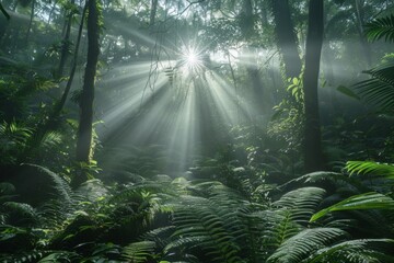 Obraz premium Sunbeams in a Lush Tropical Forest