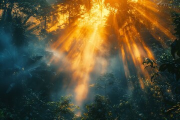 Magical Sunbeams in Misty Forest