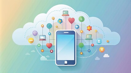 Mobile Phone Connected to Cloud with Various Icons - Vector Illustration