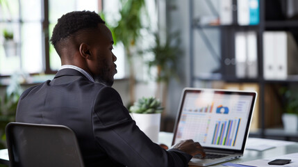 Businessman or financial accountant working with business spreadsheets on laptop computer. African American man sitting at office desk and looking at screen of notebook PC, back view, over shoulder