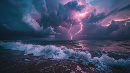 Fototapeta premium A lightning bolt hitting the ocean on a stormy day
