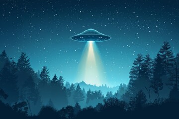 UFO hovering over forest at night