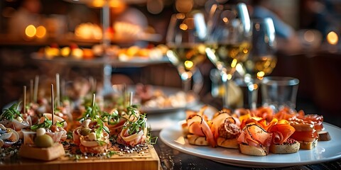 Elegant restaurant table with assorted tapas and canapés under dim romantic lighting. Concept Fine Dining Experience, Gourmet Tapas, Romantic Ambiance, Elegant Table Setting