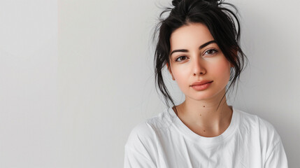 Fototapeta premium Portrait of a serene young woman with dark hair, wearing a simple white t-shirt, against a light background