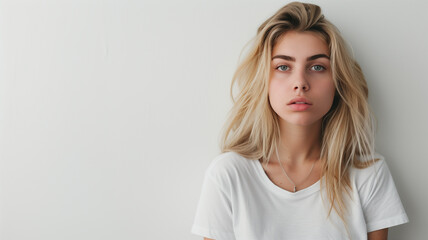 Natural portrait of a beautiful young woman with long blonde hair and blue eyes, wearing a white t-shirt on a plain background