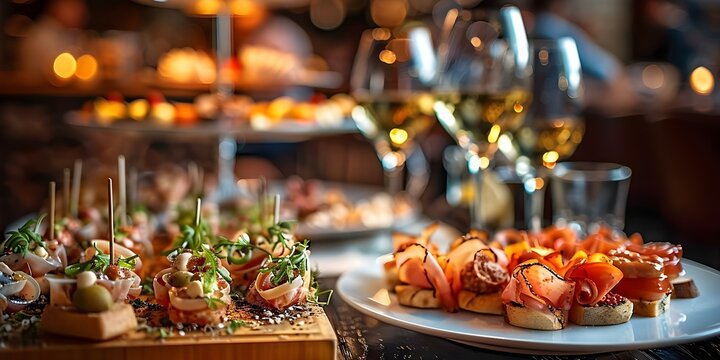 Elegant restaurant table with assorted tapas and canap&eacute;s under dim romantic lighting. Concept Fine Dining Experience, Gourmet Tapas, Romantic Ambiance, Elegant Table Setting