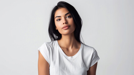 Portrait of a serene young woman with dark hair,  wearing a simple white t-shirt, against a light background