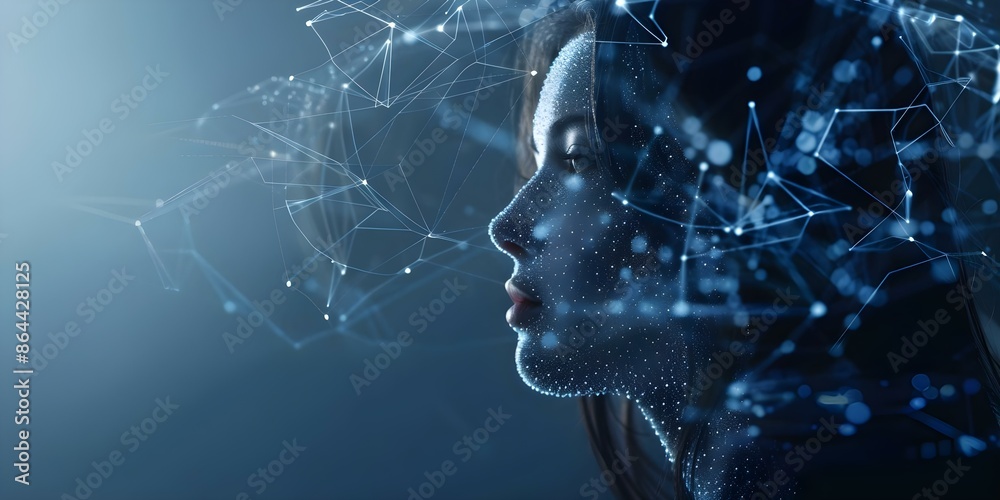 Poster ai girl neural network learns to process big data in digital brain. concept ai technologies, neural 