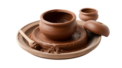 Pottery enthusiasts setup with pottery wheel and clay, PNG file, transparent background, isolated on white