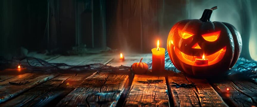 Halloween pumpkin head jack lantern with burning candles over wooden background. Halloween holidays art design, celebration