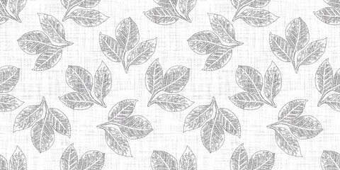 White neutral minimal botanical leaf motif with Linen effect texture for baby nursery seamless background. Modern muted simple soft motif pattern for wallpaper, home decor white gray design. 