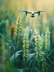 A drone hovers over tall flowering plants in a lush green field with soft sunlight in the background, capturing nature from above.