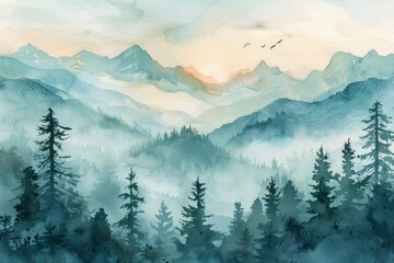Naklejka premium Serene Mountain Landscape Watercolor Painting
