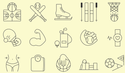 Sport and Fitness Icons Set vector design, editable strock.