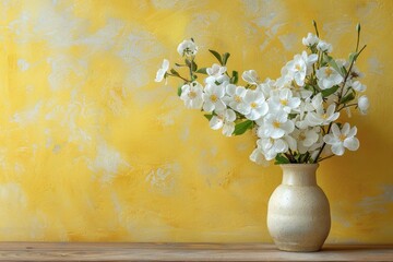 Vase of White Flowers Against Yellow Wall