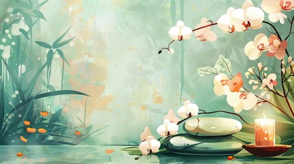 Refined Relaxation Illustration with Japanese Spa Elements including Orchids, Stones, and Candle for Body Care 