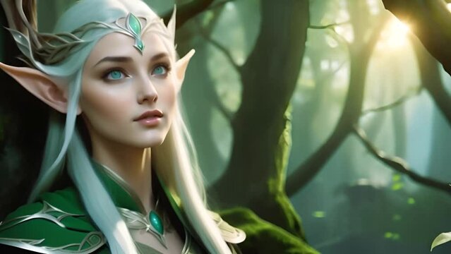 Beautiful elf woman against the backdrop of an enchanted forest