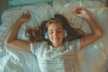 Fototapeta premium Girl Relaxing with Headphones in Bed