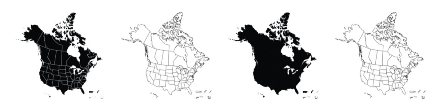 Detailed vector map of North America with states and provinces. Map of The USA and Canada: Detailed, Editable, Black, Transparent and White Versions.
