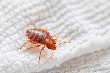Obraz premium Close-up View of a Bed Bug Crawling on White Textured Fabric