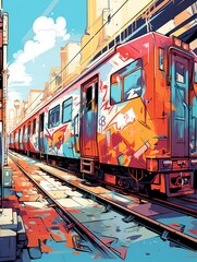 Obraz premium Colorful urban train with graffiti art parked on tracks in vibrant cityscape illuminated by sunlight, featuring dynamic street art.