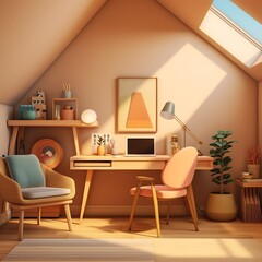 Fototapeta premium Cozy attic home office with modern decor, natural light, wooden furniture, and a comfortable workspace under a skylight.