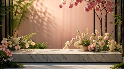  Background podium 3D spring flower product beauty pink display nature. 3D podium stand background scene floral mockup cosmetic white blossom summer abstract shadow platform minimal design render stag