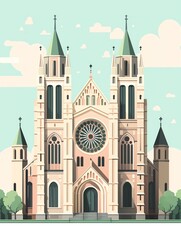 Fototapeta premium Illustration of a grand cathedral with twin towers, rose window, and green spires, set against a pastel sky with light clouds
