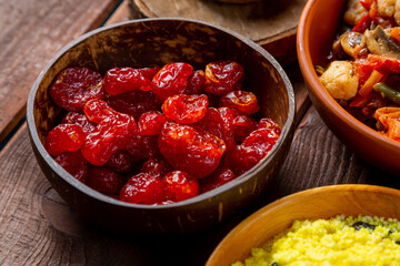 Traditional oriental dishes meat couscous stewed vegetables Muslim Friday meal