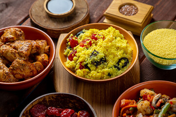Couscous with dried fruits kritsa in spices and vegetables stewed on the table