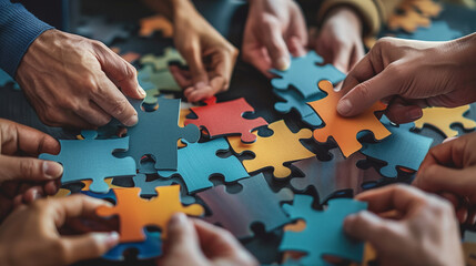 Company employees playing game and joining pieces of jigsaw puzzle during team building activity