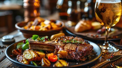 food restaurant meat shes beer table eatery steak duck leg dish plate delicious eating fresh tasty nourishment meal pub wooden cafes indoor high.