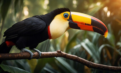 Fototapeta premium A vibrant toucan with an orange beak and black feathers perches on a branch in the middle of a lush, tropical forest