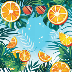 Fototapeta premium seamless pattern with oranges; summery food background; fruits and sunglasses in simple art painting