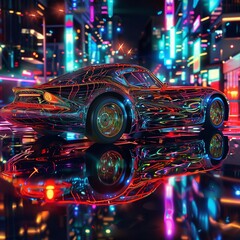 A cosmic reflection on a sleek, futuristic car surface, intricate, cyberpunk, vibrant, ethereal, detailed