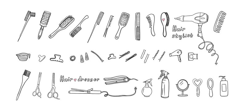 Large set of hairdresser tools in doodle style. Hair dryer, comb, hairbrush, hairpin, invisible, mirror, scissors, hairgrip, hair-slide,shampoo, curling iron. Stylist. Beauty salon. Hand drawn