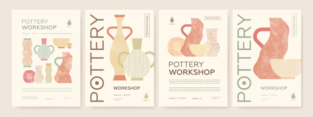 Set of pottery workshop advertising vectot poster design template. Hand made ceramics, clay crockery flat illustration. Pottery lesson, ceramic studio, hobby master class invitation layout