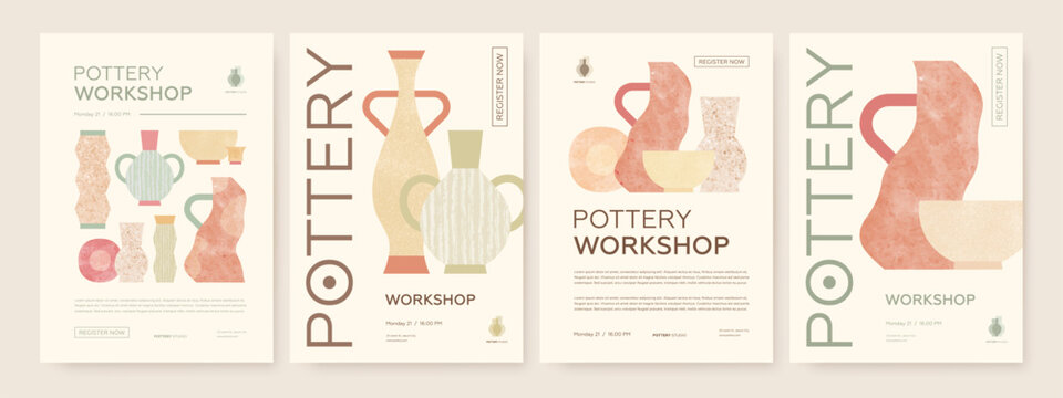 Set of pottery workshop advertising vectot poster design template. Hand made ceramics, clay crockery flat illustration. Pottery lesson, ceramic studio, hobby master class invitation layout