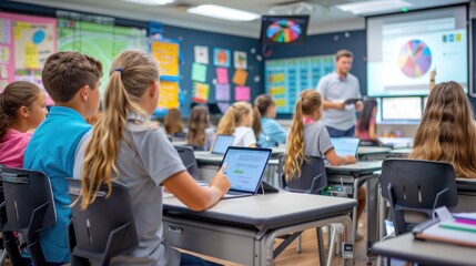 Students in a modern classroom engaging with digital devices during a lesson by the teacher.