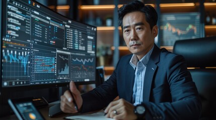 Businessman analyzing financial data on computer monitors in modern office, focused on market trends and investment opportunities.