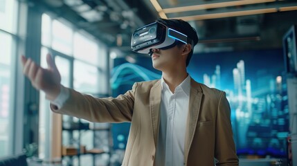 Businessman exploring virtual reality technology in a modern office setting, wearing VR headset, surrounded by futuristic graphics.