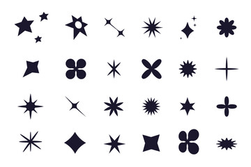  Set of y2k minimal geometric shapes thin line rings, abstract aesthetic element illustrated for banners, social media, poster design, sticker. Trendy design with frame, sparkles, star, lines