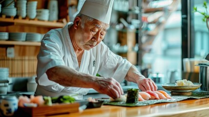 Experienced sushi chef meticulously prepares fresh sushi at a traditional Japanese restaurant, showcasing culinary expertise.