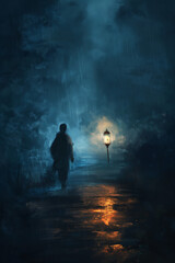 Fototapeta premium This image shows a person walking along a dark path, holding a bright lantern to illuminate the path ahead, representing self-reliance, self-confidence and the light of the soul.