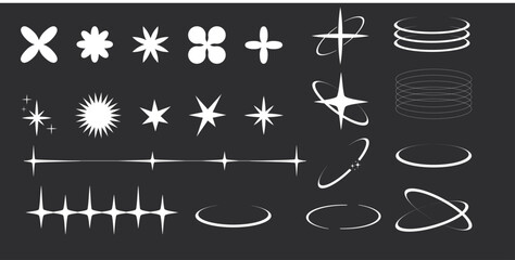 Fototapeta premium Set of y2k minimal geometric shapes thin line rings, abstract aesthetic element illustrated for banners, social media, poster design, sticker. Trendy design with frame, sparkles, star, lines